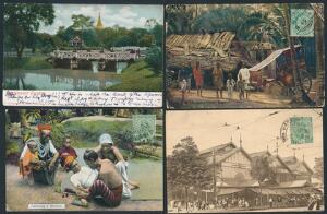 Burma. 1906-1921. 4 postkort med indisk frankering, sendt til Danmark m.v.