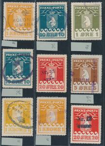 1915-1930. Pakkeporto. Lot med 9 fine stemplede mærker