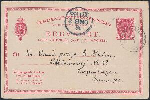 1895. 3 cents, helsag, rød. Dobbelt brevkort sendt til Danmark, på bagsiden dateret KINGS HILL St. Croix 1011.95, og stemplet i CHRISTIANSTED 11.11.1895. Dansk
