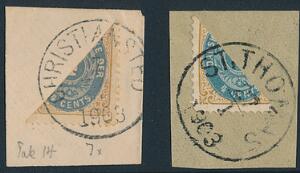 1873-1901. 4 Cents brunblå. Halveret diagonalt - både tk. 14 og tk. 12 34. Begge på klip.