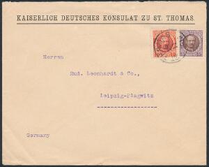1907. Fr.VIII. 15 Bit, lillabrun og 10 Bit, rød. Smukt brev fra ST. THOMAS 29.11.1910, sendt til Tyskland.