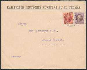 1907. Fr.VIII. 15 Bit, lillabrun og 10 Bit, rød. Smukt brev fra ST. THOMAS 29.11.1910, sendt til Tyskland.