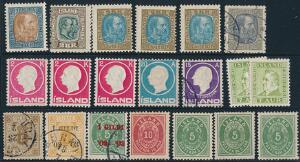 Island. 1876-1935. Planche med 20 mærker incl. bedre, bl.a. 7 postfriske 2 kr. Konger m.m. Enkelte af de øvrige mærker er uden gummi. Facit ca. 6000