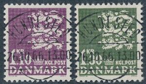 1966. Rigsvåben. 1,10 kr. violet og 1,30 kr. grønligsort. LUXUS-stemplet sæt, begge med retvendte stempler HUNDESTED 26.10.66.