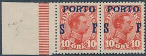 1921. Porto 10 øre, rød. Postfrisk parstykke med variant OMVENDT S. AFA 2250