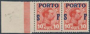 1921. Porto 10 øre, rød. Postfrisk parstykke med variant OMVENDT S. AFA 2250