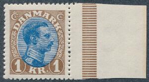 1921. Chr. X, 1 kr. brunblå tp. II. Pænt postfriskt mærke