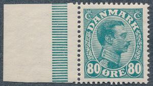 1915. Chr. X 80 øre, blågrøn. Perfekt centreret postfriskt mærke