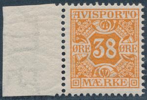 1907. 38 øre, orange. Variant Plet i 3-tal. Flot postfriskt mærke