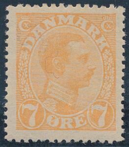 1918. Chr. X, 7 øre, orange. Variant Stor hvid streg ved højre 7-tal. Postfrisk
