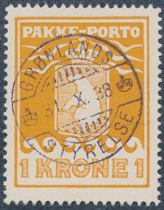 1937. Schultz. 1 kr. orange. Pragt-mærke med centralt brotypestempel GRØNLANDS STYRELSE 31.10.1938.
