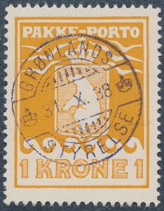 1937. Schultz. 1 kr. orange. Pragt-mærke med centralt brotypestempel GRØNLANDS STYRELSE 31.10.1938.