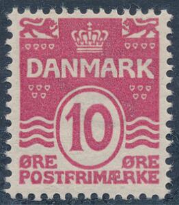 1912. Bølgel. 10 øre, karminrosa. Variant Løve med øje. Perfekt postfrisk