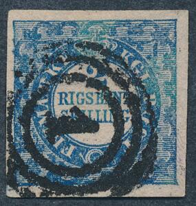 1852. 2 RBS Thiele, blå. Et smukt og bredrandet mærke med pænt nr.stempel 1. En anelse misfarning i den blå farve i mærkets øvre del.