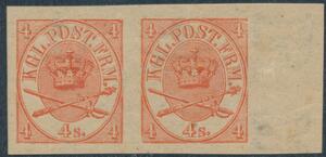 1864. 4 sk. orangenrød. UTAKKET PARSTYKKE,. Postfrisk med højre marginaldel.