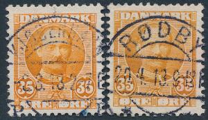 1912. Fr. VIII, 35 øre orange og gul. Begge nuancer med retvendte PRAGT-stempler.