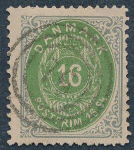 1870. 16 sk. grågrøn. Pænt stemplet. AFA 1500