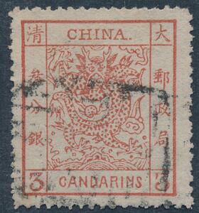 Kina. 1878. 3 c. Drage, rød. Fint stemplet eksemplar med flot takning.