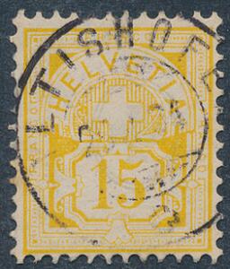 Schweiz. 1882. 15 c. gul. Hvidt papir. Pænt stemplet. AFA 2400