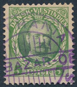 1907. Fr. VIII, 5 bit, grøn. Annulleret med violet stempel