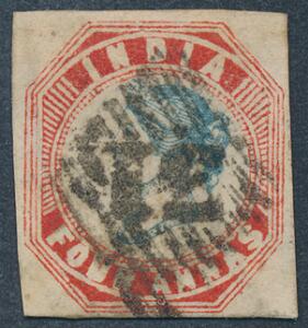 Indien. 1854. Victoria. 4 a. blårød. Fuldrandet ekemplar. SG £ 475