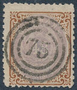 1870. 48 sk. brunlilla. Farvefrisk PRAGT-mærke med nær retvendt nr.stempel 75. AFA 2500