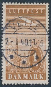 1934. Luftpost 1 kr. brun. LUXUS-stemplet i VEJLE 2.1.40.