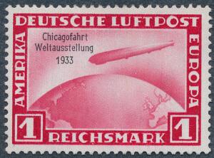 Tysk Rige. 1933. 1 RM, Zeppelin Chicagofahrt, rød, ubrugt.