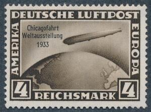Tysk Rige. 1933. 4 RM, Zeppelin Chicagofahrt, brun. Postfrisk. Michel EURO 300