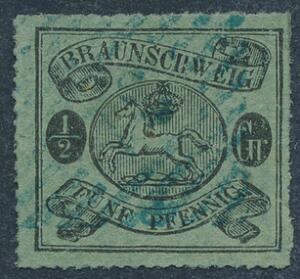 Braunschweig. 1864. 12 Gr. sort på grønt papir. Stukken kant. Fint stemplet eksemplar af et sjældent mærke. Mihel EURO 4000. Attest Lange BPP.