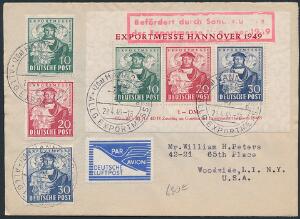 All. Besættelse. 1949. Miniark Exportmesse Hannover 1949, på Luftpost-brev sendt til USA.