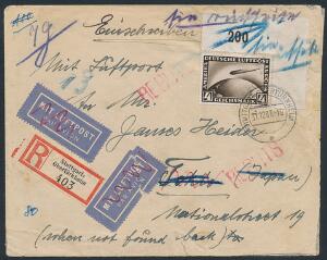 Tysk Rige. 1937. Zeppelin. 4 RM, sortbrun. Single på brev, mærket med enkelt kort tak.