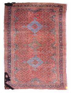 Semiantikt ShirazKhasgai tæppe. Persie. Design med tre medaljoner på rustrød bund. Ca. 1930. 606 x 373.