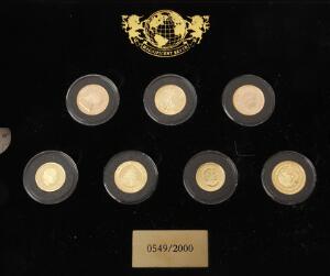 Samling af Verdensberømte Guldmønter fra bl.a. Sydafrika, USA, England, Australien, Kina, Canada og Mexico, i alt 7 stk. med en vægt på 54,43 g