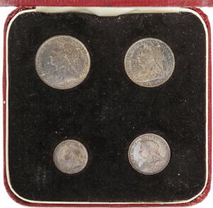 England, Victoria, Maundy Set 1895, 4, 3, 2, 1 Pence i sølv i original æske