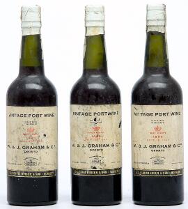 3 bts. Graham Vintage Port 1963 Bottled in DK. A-AB bn.