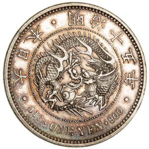 Japan, Mutsuhito, 1 yen 1882 år 15, Y A25.2, pæn mønt med patina og møntskær