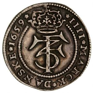 Frederik III, 4 mark  krone 1659, H 95A, Aagaard 72.1, loddespor på revers