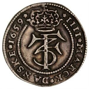 Frederik III, 4 mark  krone 1659, H 95A, Aagaard 72.1, loddespor på revers