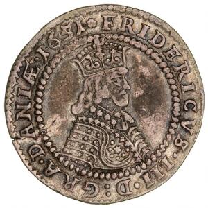 Frederik III, krone 1651, H 84A, Aagaard 3.3, misfarvet