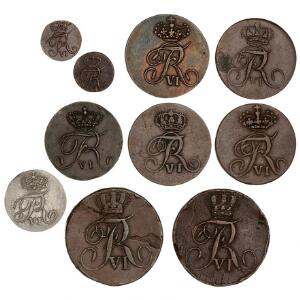 Norge, Frederik VI, lille samling af 1, 2, 4 og 8 skilling mønter, i alt 10 stk. i varierende kvalitet
