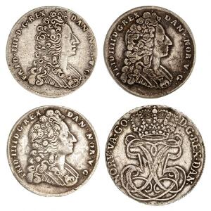 Frederik IV, 16 skilling 1714, 1714, 1715, H 47 samt Norge, Frederik V, 24 skilling 1759, NM 15, H 2A, i alt 4 stk.