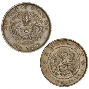 Kina, Chihli Province, 1 dollar 1908 år 34, Y 73.2, Japan, 1 yen 1914 år 3, Y A 25.3, 2 stk.