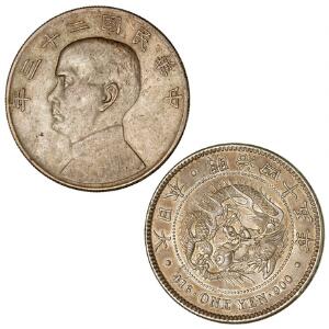 Kina, Republik, 1 dollar yuan 1934 år 23, Y 345, Japan, yen 1912, år 45 Y A25.3, 2 stk.