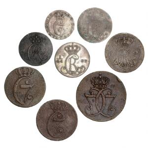 Christian VII, typesamling med 8 forskellige mønter, København og Altona