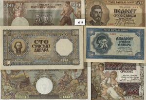 Tyskland, tysk besættelse af Yugoslavien, 1941 - 1943, samling på 9 forskellige sedler, alle i gode kvaliteter, inkl. 20 Dinar 1942, Ros. 606, kv. 01
