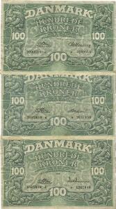 100 kr 1956 o, Riim  Hellerung, 100 kr 1958 r, Riim  Matthiessen, 100 kr 1958 s, Riim  Rohleder, Sieg 126, DOP 135, Pick 39, i alt 3 stk.