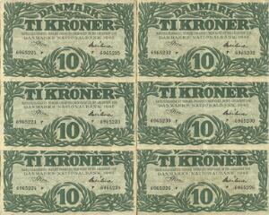 10 kr 1948 r, Riim  Hübner, nr. 6965223-6965226, 6965230 og 6965232, Sieg 122, DOP 131, Pick 37, i alt 6 stk.