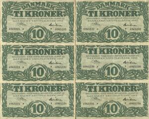 10 kr 1948 r, Riim  Hübner, nr. 6965223-6965226, 6965230 og 6965232, Sieg 122, DOP 131, Pick 37, i alt 6 stk.