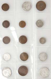 Dansk Vestindien, Christian IX, samling af mønter, bl.a. 10 cents 1878, 20 cents 1878 2, 2 francs  40 cents 1905 P, i alt 15 stk. i varierende kval.